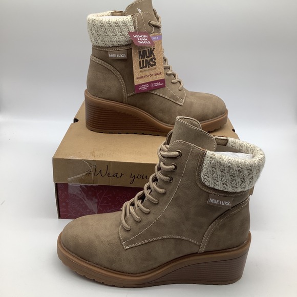 MUK LUKS Womens Taupe Wedge Ankle Boots Knit Cuff Lace Up Zip Up Size 9 New - Picture 1 of 9